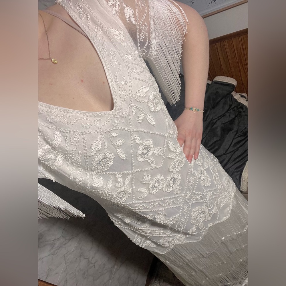 Gatsby Flapper Fringe Beaded Formal Wedding Dress Vintage XL fits more like M/L - Picture 2 of 11